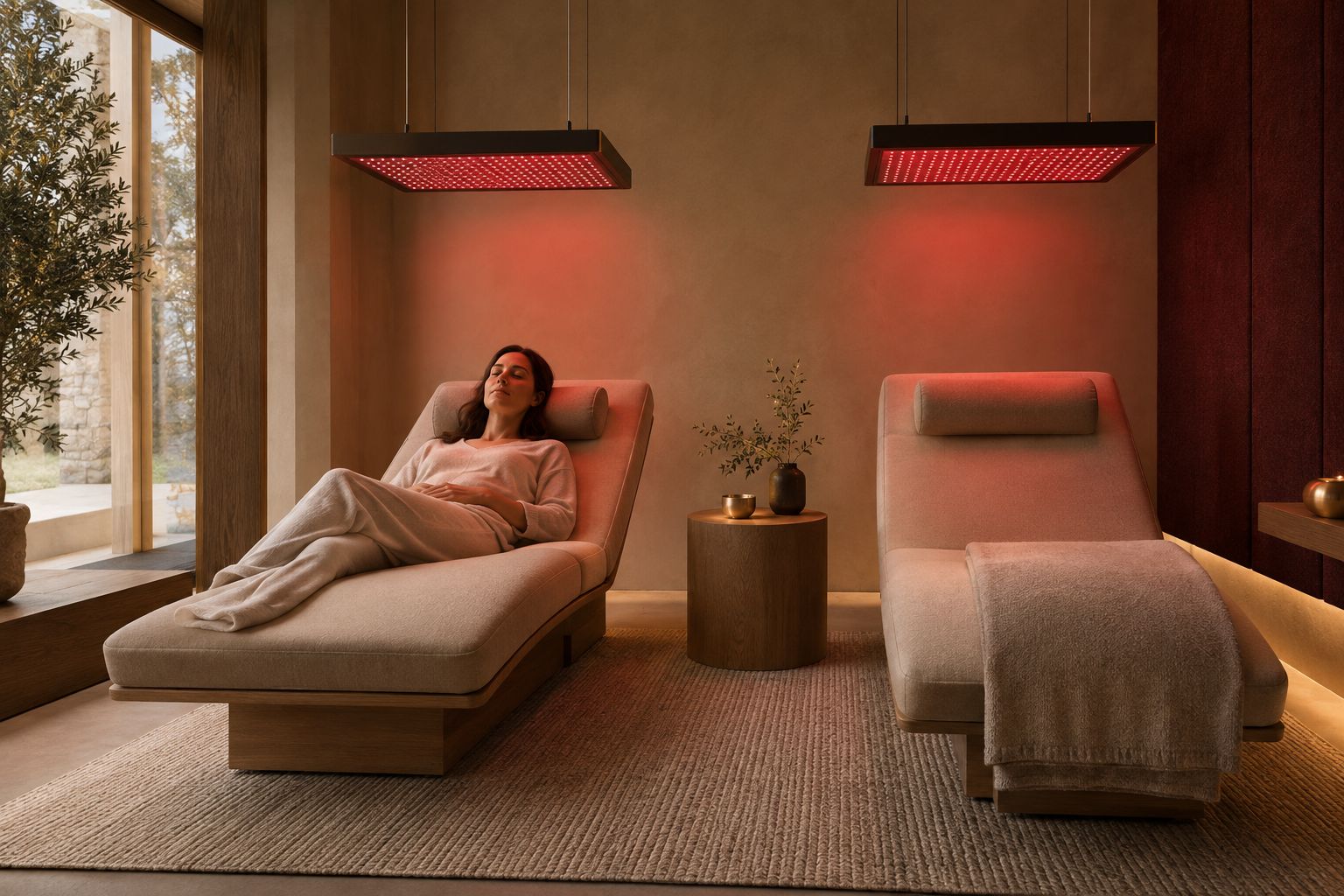 Concept study: a woman lies on a lounger beneath a red light panel; a second lounger and panel stand beside her.