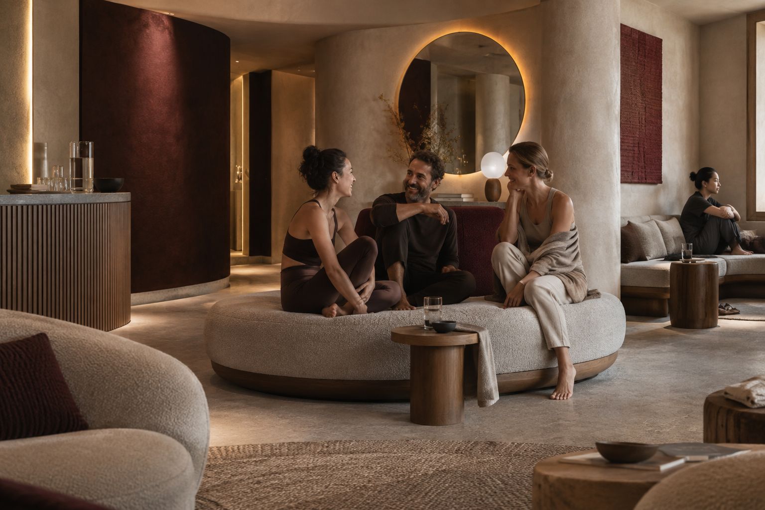 Concept study: three people talk on a curved sofa in a warm lounge with a round mirror, a water station and plaster columns.