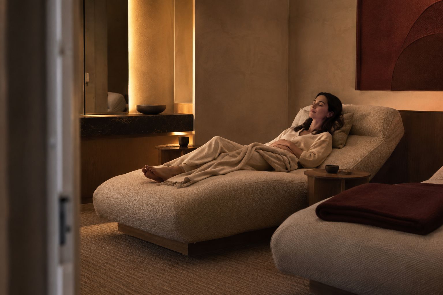 Concept study: a woman rests under a blanket on an upholstered recliner in a dim room with plaster walls and a bordeaux panel.